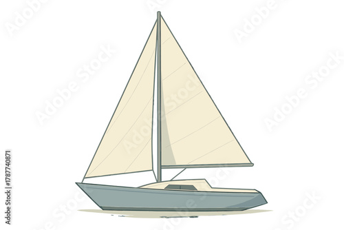 Sailboat profile view with beige sails and blue hull