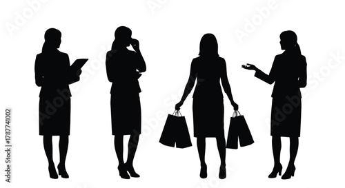Vector art of silhouette of business woman in various poses, showcasing professional attire, communication, shopping, and confident gestures