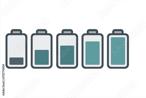 Five battery level indicators showing charge status from low to full