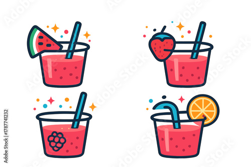 Four fruit smoothie icons featuring watermelon strawberry raspberry and orange garnishes