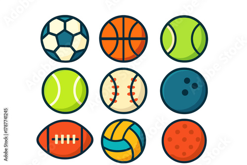 Nine colorful sports balls icons collection