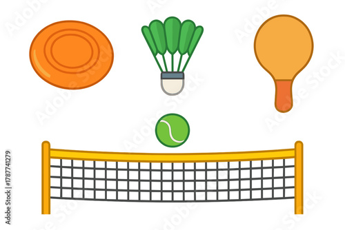 Various sports equipment icons featuring nets and different types of balls