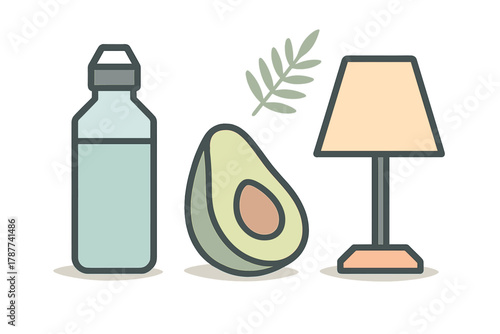 Set of minimalist icons: water bottle, avocado half, table lamp, and leaf sprig