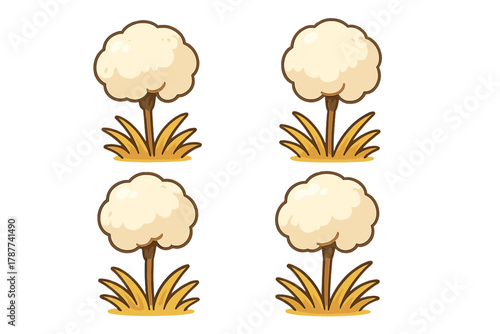 Four stylized cotton plants with fluffy white bolls and brown stems