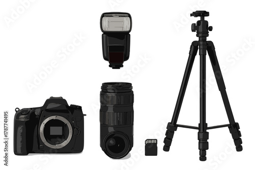 Digital camera body lens flash and tripod accessories isolated on white background