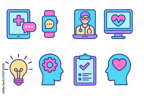 Telemedicine and mental health concept icons for digital health services