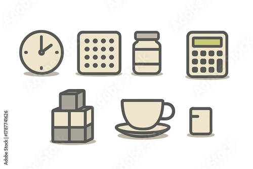 Simple icons for daily planning, time management, medication, and calculation tasks
