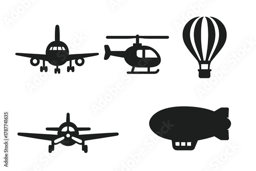 Black silhouette icons of various aircraft and air transport vehicles