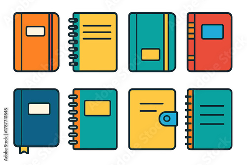 Various colorful notebook and journal icons with different binding styles