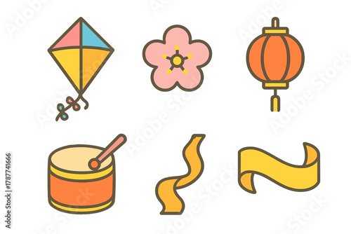 Colorful flat icons representing various celebration and festival elements