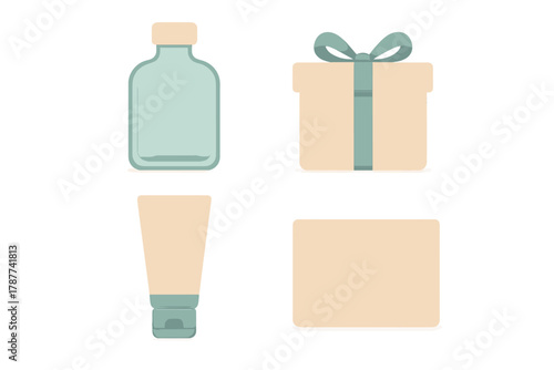 Cosmetic packaging elements including bottle, gift box, cream tube, and envelope icons