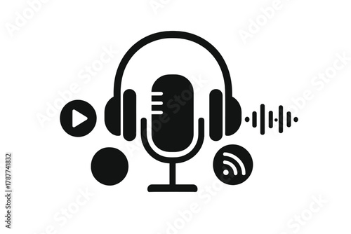 Studio microphone and headphones for audio broadcasting and podcast recording