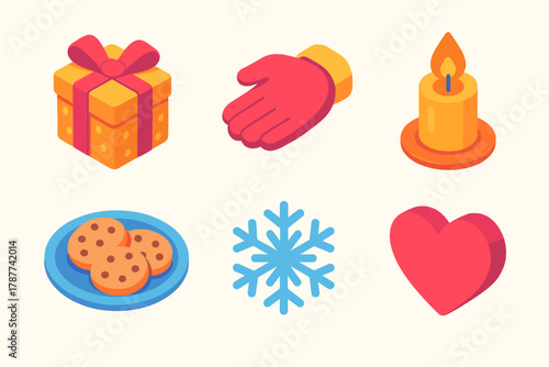 Bright Gift Icon Set. Warmhearted Giving modern flat icon set: wrapped present, mitten hand, candle flame, cookie plate, snowflake, heart icon.