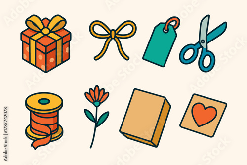 Handcrafted Gift Icons. Handcrafted Gifts modern flat icon set: wrapped box, twine bow, paper tag, scissors, ribbon spool, dried flower, kraft paper, heart sticker.