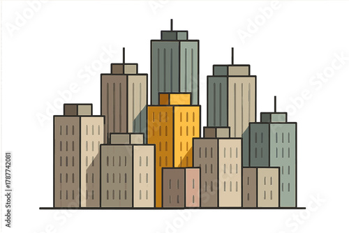 Stylized modern city skyline featuring diverse high-rise buildings