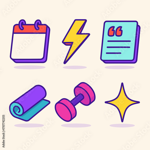 Daily Drive Icons. Daily Drive modern flat icon set: calendar page, lightning bolt, quote card, yoga mat, dumbbell, spark icon.