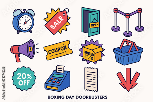 Boxing Day Icons. Boxing Day Doorbusters modern flat icon set: alarm clock, bursting price tag, open store door, queue barriers, megaphone, coupon ticket, limited stock box,
