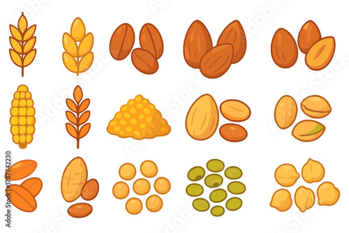 Set of staple grains nuts and legumes icons for healthy eating concepts