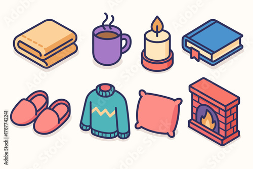 Cozy Icon Set. Cozy Moments modern flat icon set: blanket, steaming mug, candle, book, slippers, sweater, pillow, fireplace.