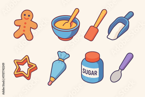 Baking Icons Collection. Family Baking Time modern flat icon set: gingerbread cookie, mixing bowl, spatula, flour scoop, star cookie cutter, icing bag, sugar jar, spoon.