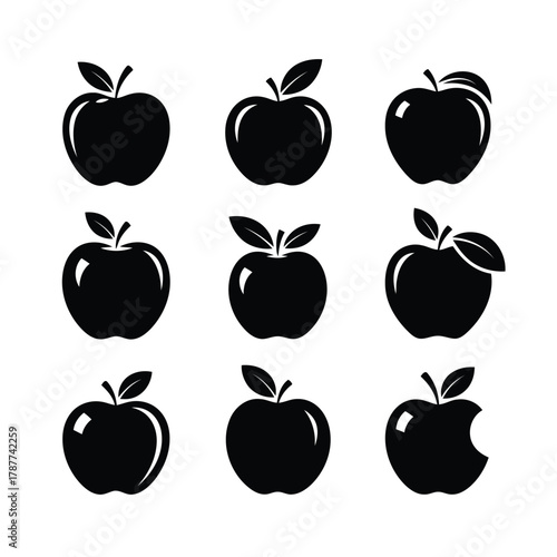 Vector art of collection of apple silhouettes, perfect for food, health, and educational designs, showcasing a variety of shapes and details
