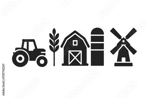 Set of black silhouette icons representing agriculture and farming elements