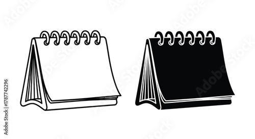 Vector art of two desk calendars in black and white, one is a line drawing and the other is a solid black shape, perfect for planning and reminders