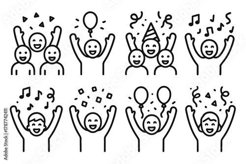 Cheerful Party Icons. Joyful Crowds outline icon set: cheering people, waving hands, balloons, confetti, smiling faces, party hats, streamers, music notes.