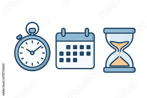 Stopwatch calendar and hourglass icons representing time management concepts