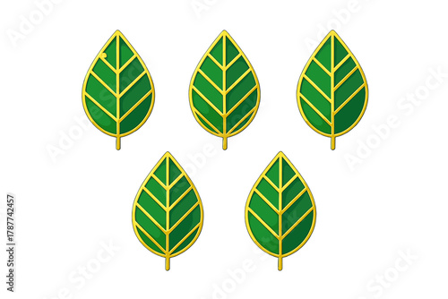 Five stylized green leaves with detailed gold outline and internal veins