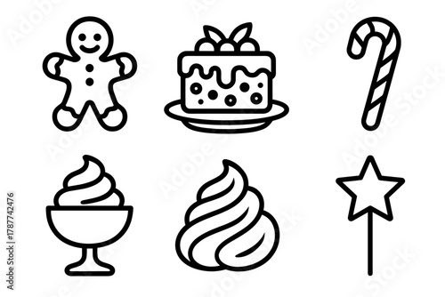 Festive Dessert Icons. Sweet Celebration outline icon set: gingerbread cookie, fruit cake, candy cane, dessert plate, whipped cream, star topper.