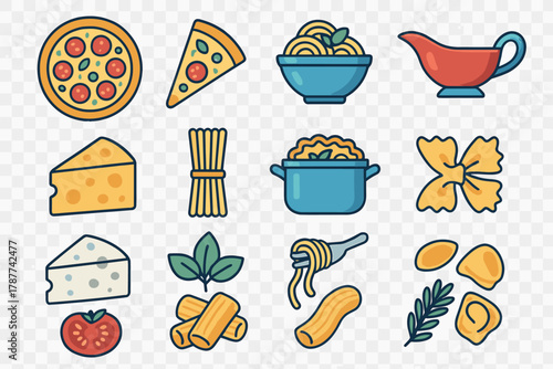 Colorful icons representing Italian food and pasta ingredients