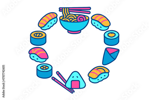 Japanese cuisine circular frame with sushi ramen and rice ball icons