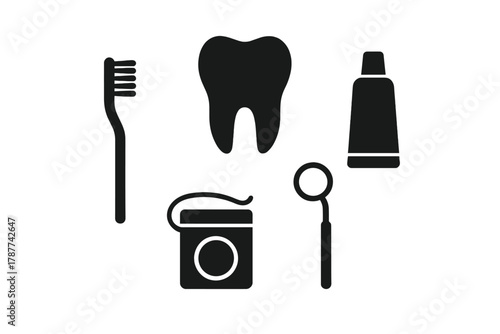 Set of essential dental hygiene tools including toothbrush floss and mirror icons