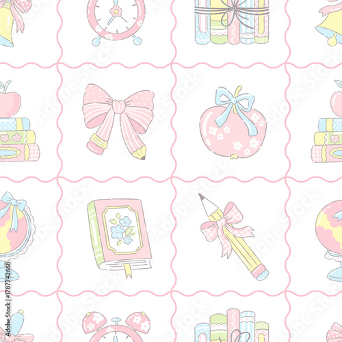 Grand millennial School Seamless Pattern. Pastel Vintage Classroom Elements with Bows and Gingham Accents