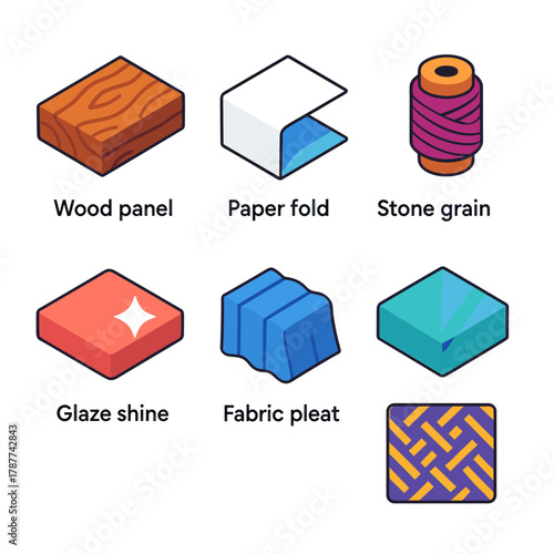 Vibrant Material Icons. Layered Materials modern flat icon set: wood panel, paper fold, textile thread, stone grain, glaze shine, fabric pleat, glass tint, fiber pattern.