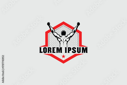 MMA athlete raises his hands in victory vector image badge logo template