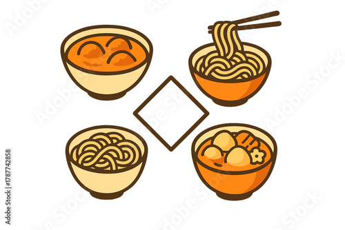 Four Asian noodle and meatball soup bowls simple icons