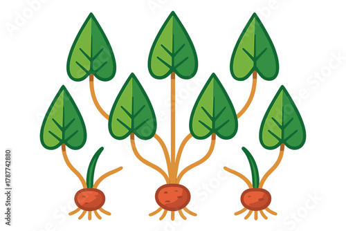 Stylized root vegetables with vibrant green leaves growing from the top
