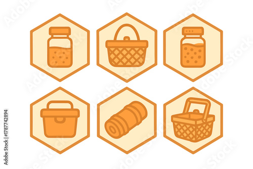 Orange icons set for picnic and camping supplies inside hexagons