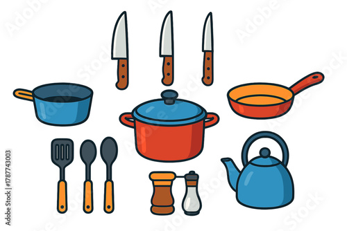 Colorful assortment of kitchen cooking utensils and cookware icons