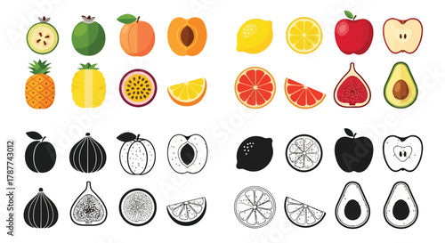 Vector art of colorful and monochrome fruit icons, showcasing a variety of fresh produce in both vibrant color and minimalist black and white
