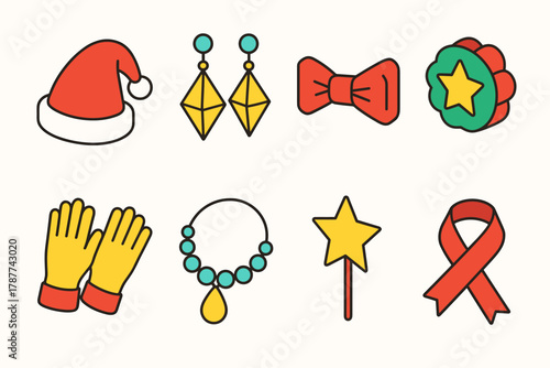 Vibrant Festive Accessories. Festive Accessories modern flat icon set: holiday hat, sparkling earrings, bow tie, festive brooch, gloves, necklace, star pin, ribbon.