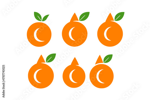 Orange fruit logo set with crescent moon shape cutout and leaf variations