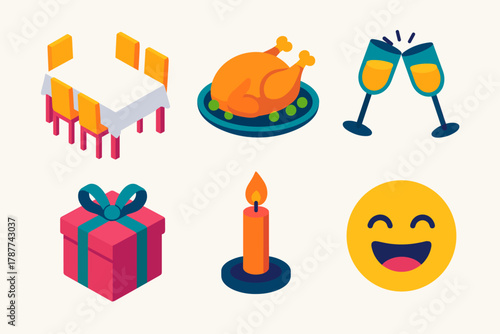 Festive Family Icons. Family Celebration modern flat icon set: dining table, roast dinner, clinking glasses, wrapped gift, candlelight, laughter symbol.