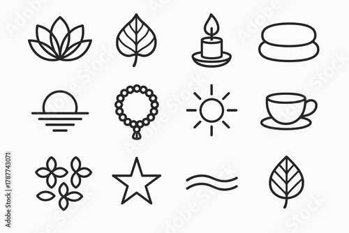 Bodhi Day Icons. Bodhi Day Lotus Symbol outline icon set: lotus flower, Bodhi leaf, candle flame, meditation cushion, water ripple, sunrise, prayer beads, glowing light, tea cup,
