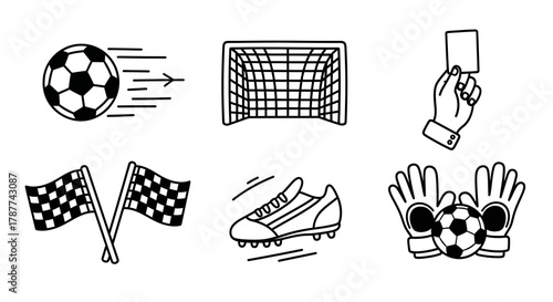 A collection of soccer icons including a moving ball, goal, red card, checkered flags, cleat, and goalie gloves with a ball.