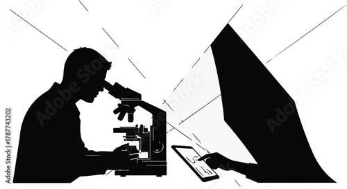 Scientist examining sample under microscope with digital tablet data analysis