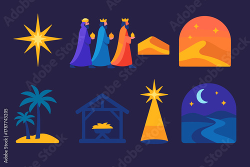 Spiritual Night Icons. Spiritual Night Journey modern flat icon set: radiant star, three kings, desert, glowing sky, palm trees, manger, light beam, moonlit path.