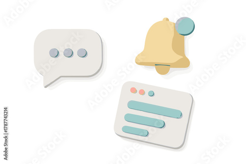 Set of 3D digital communication icons featuring chat bubble and notification bell